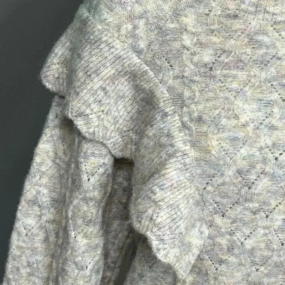 Women’s Large Wool Blend Sweater Ruffle Mock‎ Neck Diamond Cable Knit Fairycore - Picture 3 of 11